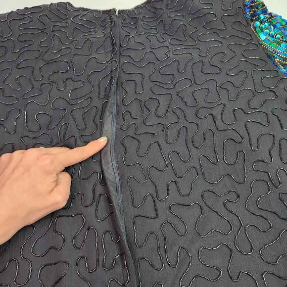 Vintage Royal Feelings Womens Silk Sequin & Beaded Blouse Turquoise & Black 1X - Picture 9 of 10